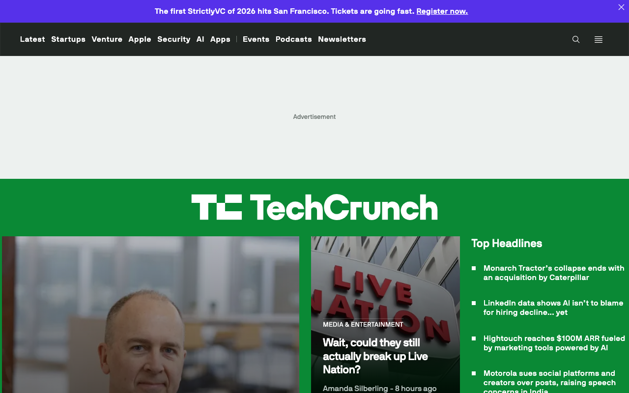Screenshot of Techcrunch.com